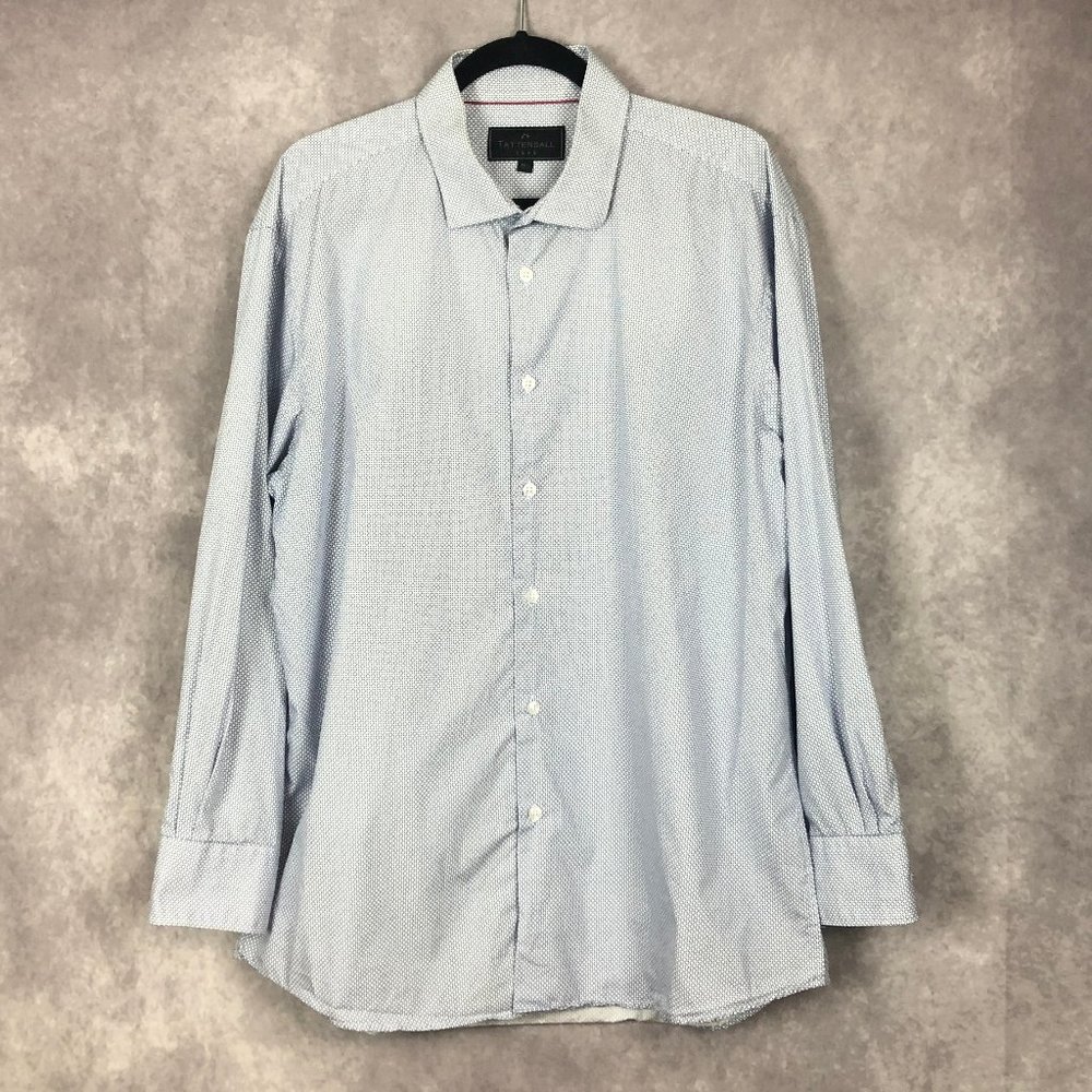 Tattersall Soho Mens Shirt Long‎ Sleeve Button Cotton Blue White Geometric 32/33